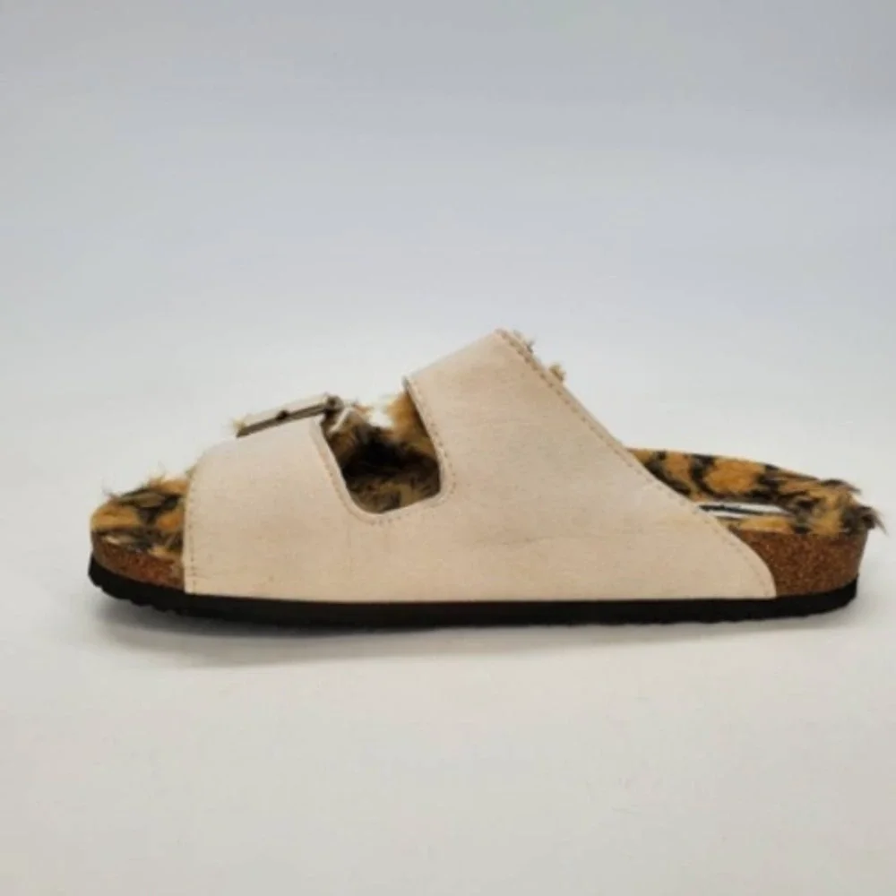 Vintage 93 Shoes Womens Cozi Slides Sandals Beige Leopard Faux Fur 9‎ M